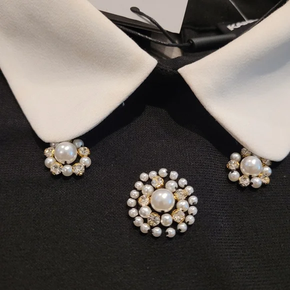 Karl Lagerfeld Womens Pearl Trim Blouse XS Black Liquid Knit Bowtie Collar New - Picture 2 of 5